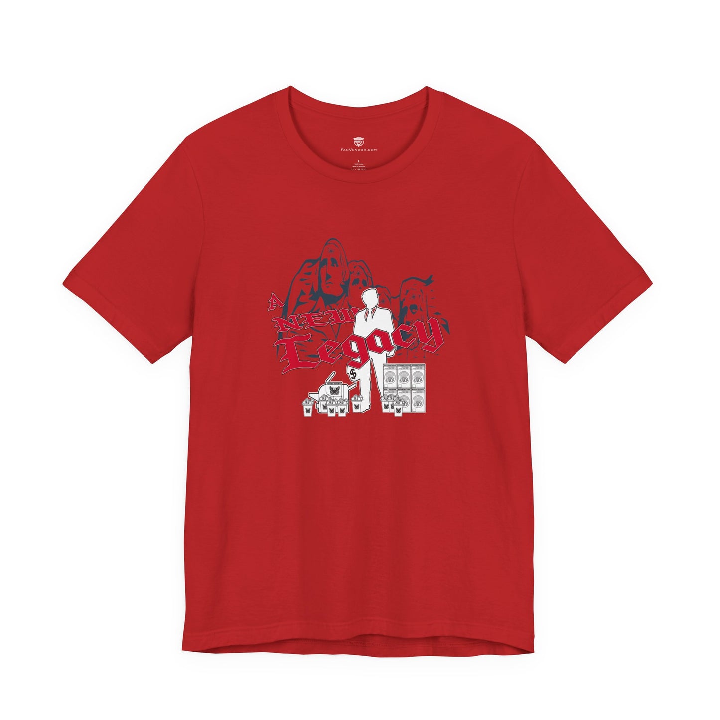 Red t-shirt with graphic design on a white background