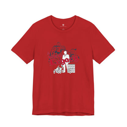 Red t-shirt with graphic design on a white background
