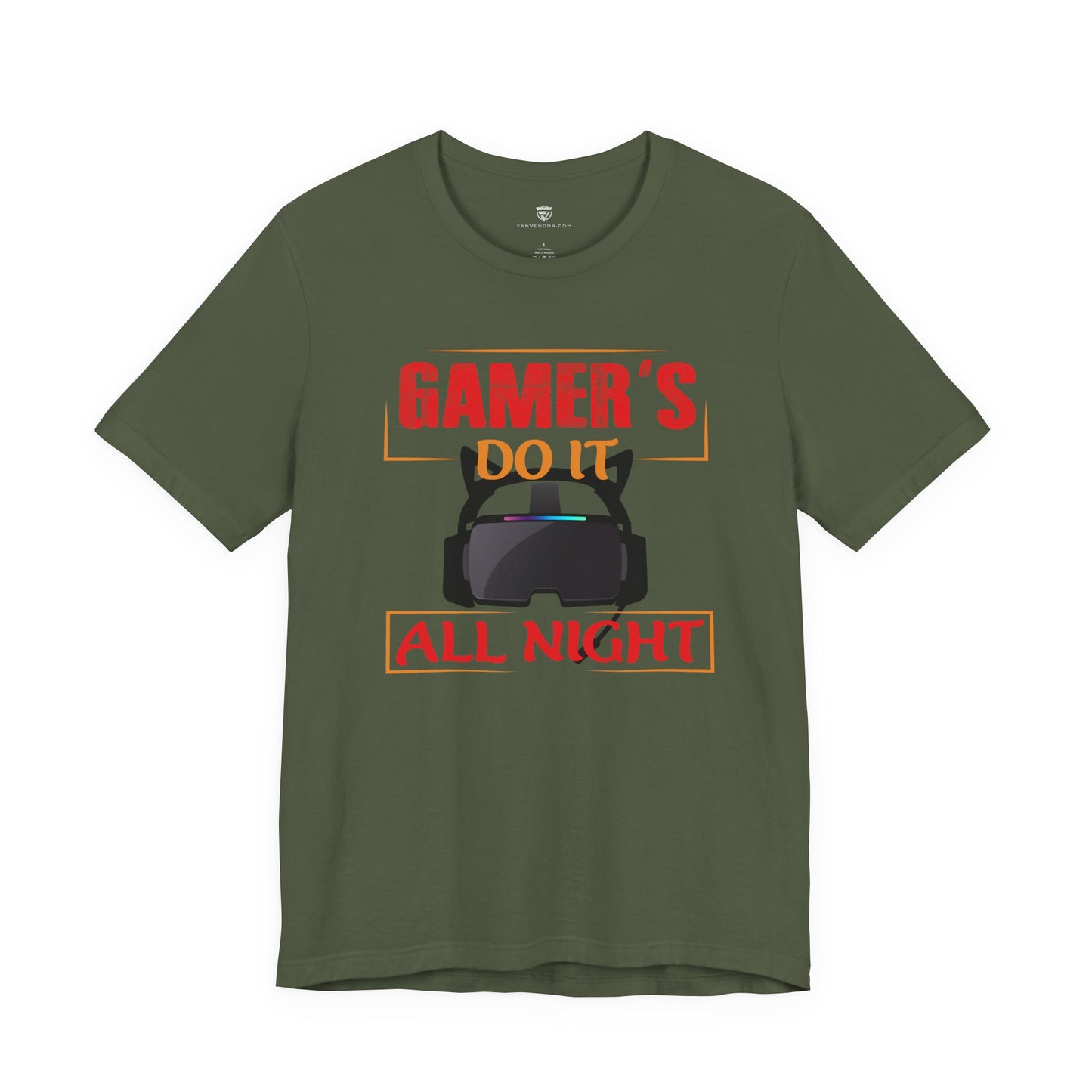 Green t-shirt with red and black graphic and text on a white background