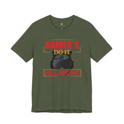 Green t-shirt with red and black graphic and text on a white background
