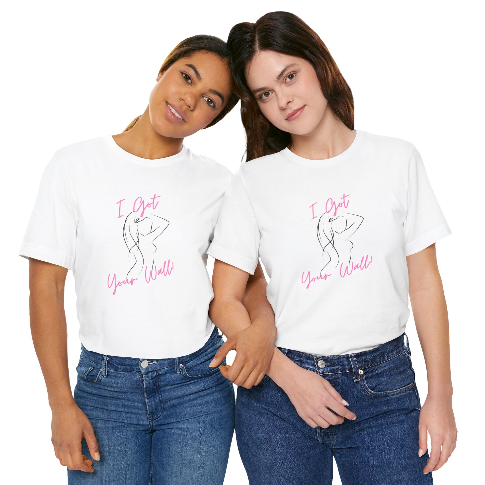 Two people wearing light blue t-shirts with a graphic and text on a white background