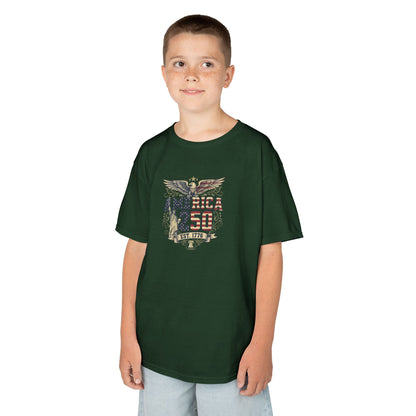 Child wearing a green t-shirt with a graphic design on a white background