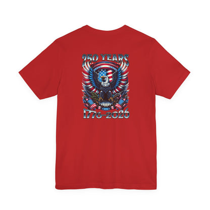 Red t-shirt with an eagle and 250 Years 1776-2020 design on the back against a white background