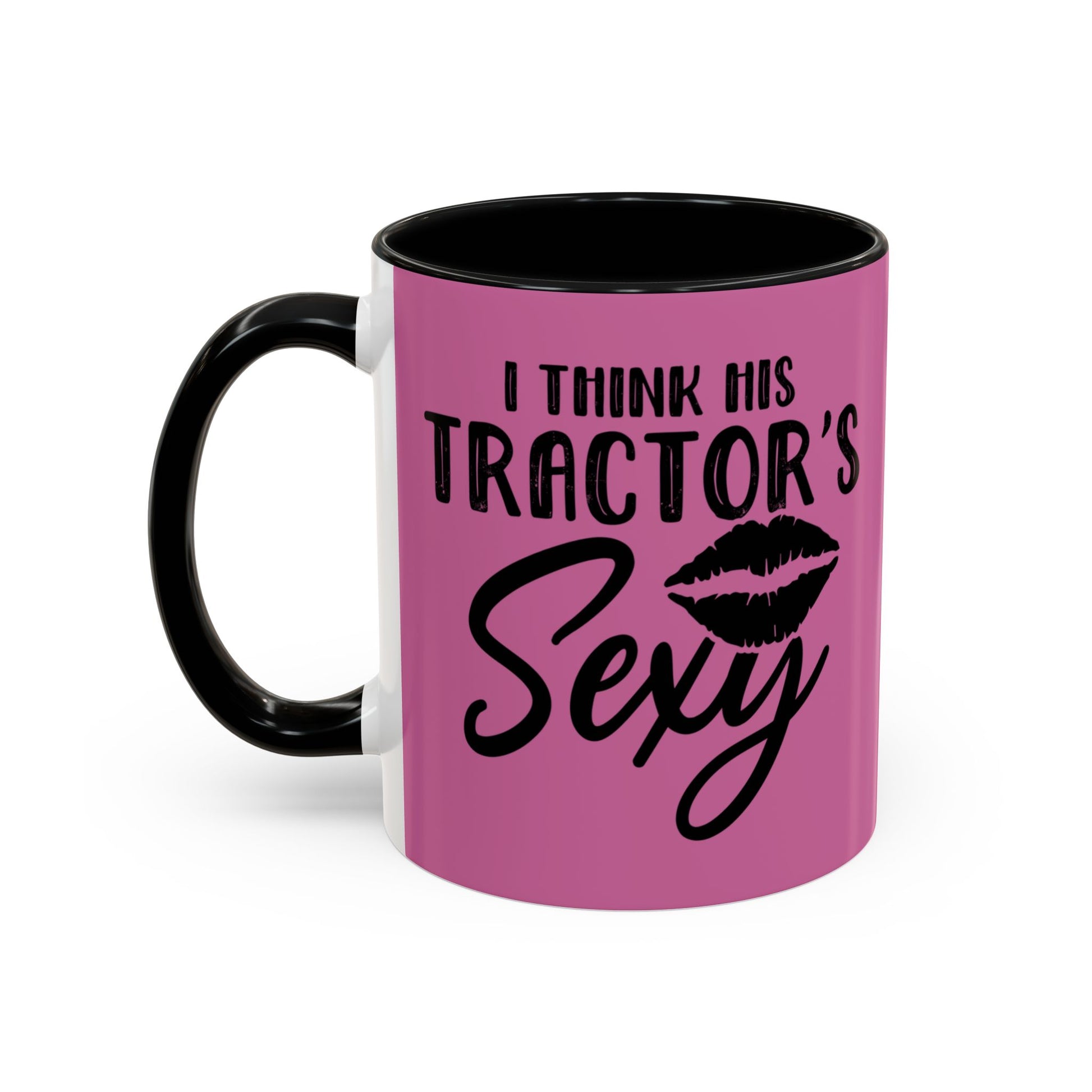 Pink mug with black text and lips graphic on a white background