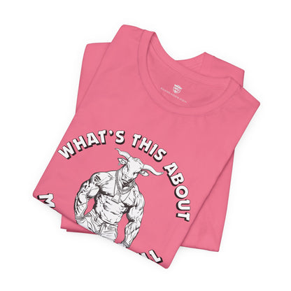 Pink t-shirt with graphic design and text on a white background