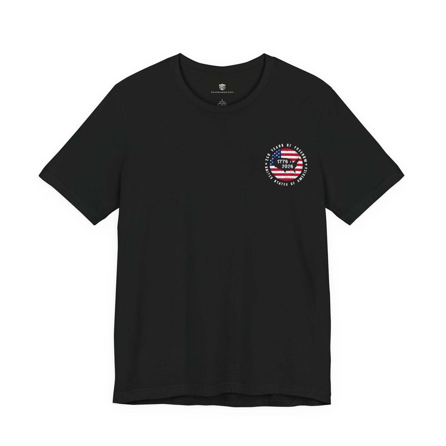 Black t-shirt with a white 1776 logo on a white background