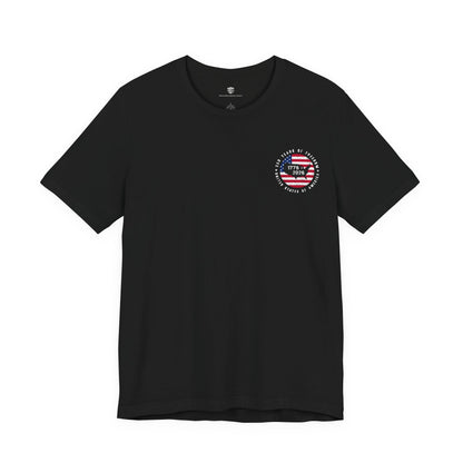 Black t-shirt with a white 1776 logo on a white background