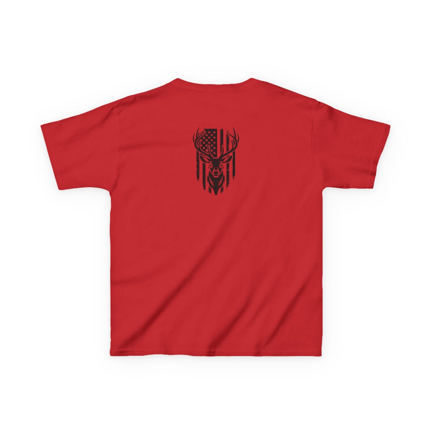 Red t-shirt with black graphic on a white background