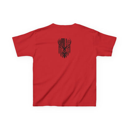 Red t-shirt with black graphic on a white background