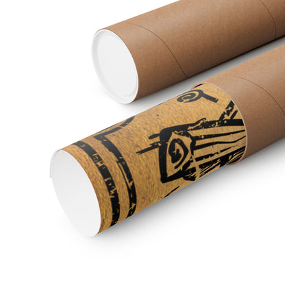 Two cardboard tubes with a decorative band featuring a black design on a white background