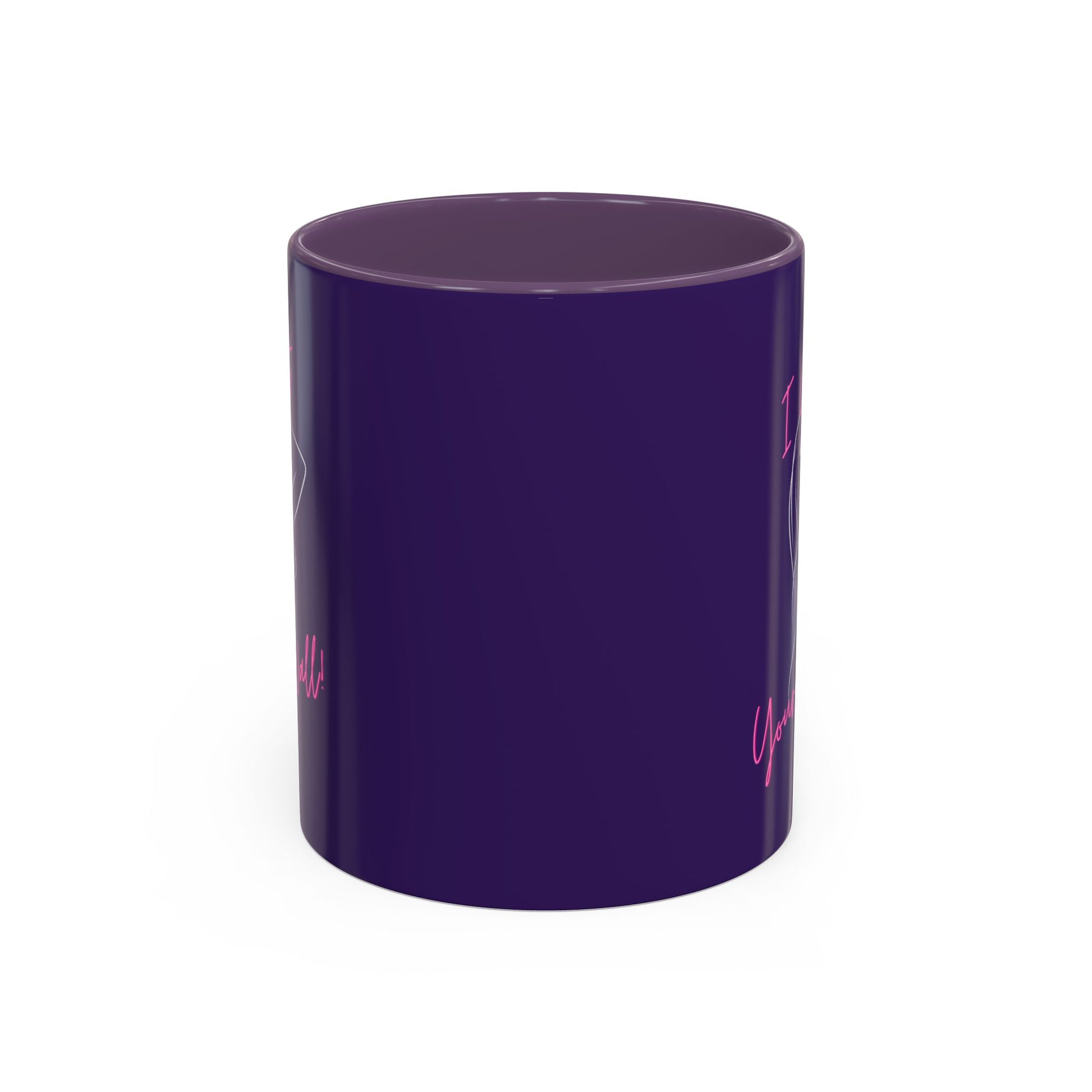 Purple cylindrical mug with pink text on a white background