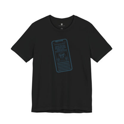 Black t-shirt with blue graphic on a white background
