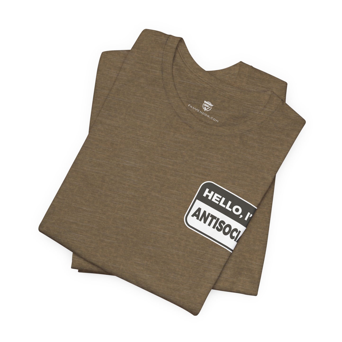 Folded brown t-shirt with 'HELLO, I AM ANTISOCIAL' text on a white background