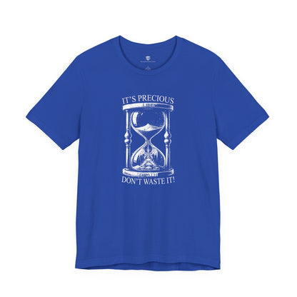 Blue t-shirt with white hourglass graphic and text on a white background