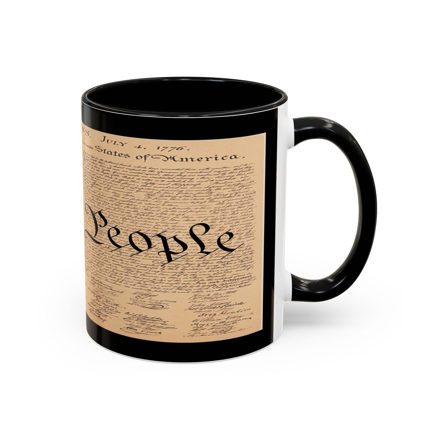 Black mug with a design of the Declaration of Independence on a white background