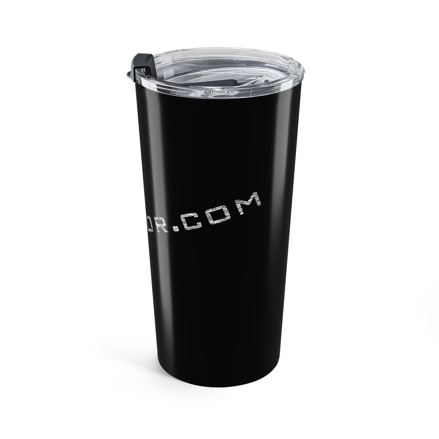 Black tumbler with design on a white background