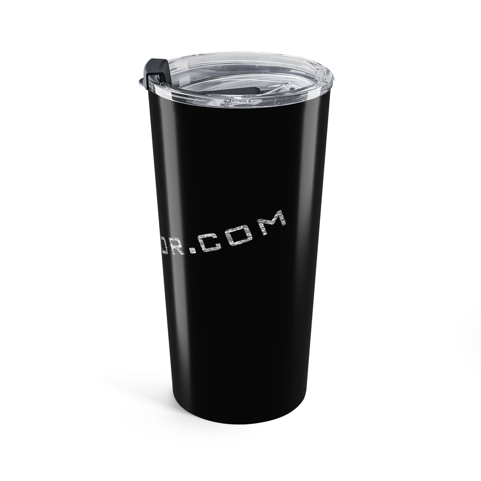Black tumbler with design on a white background