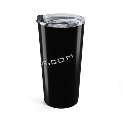 Black tumbler with design on a white background