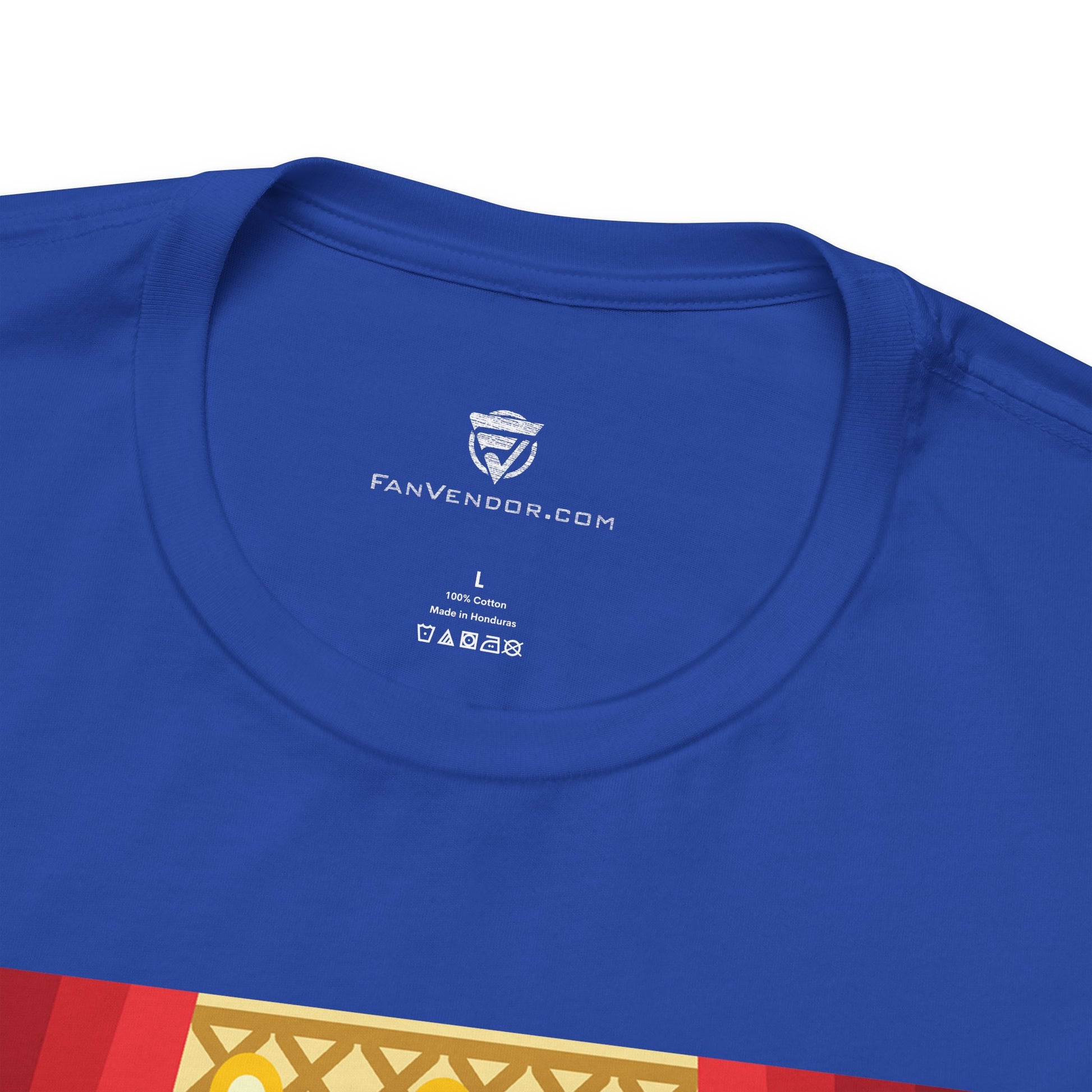 Blue t-shirt with 'Fanvendor.com' logo on the collar against a white background