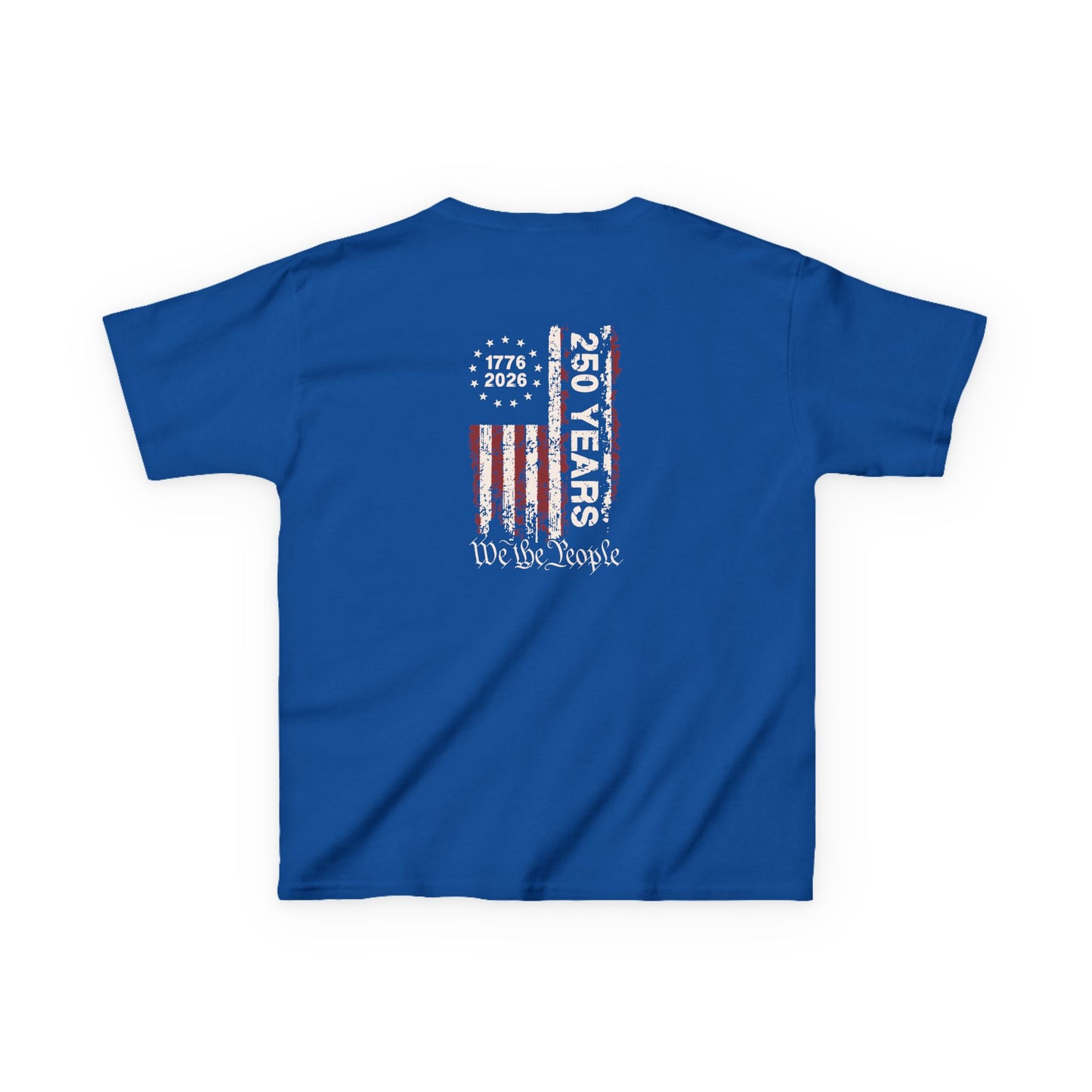 Blue t-shirt with American flag design and text on a white background