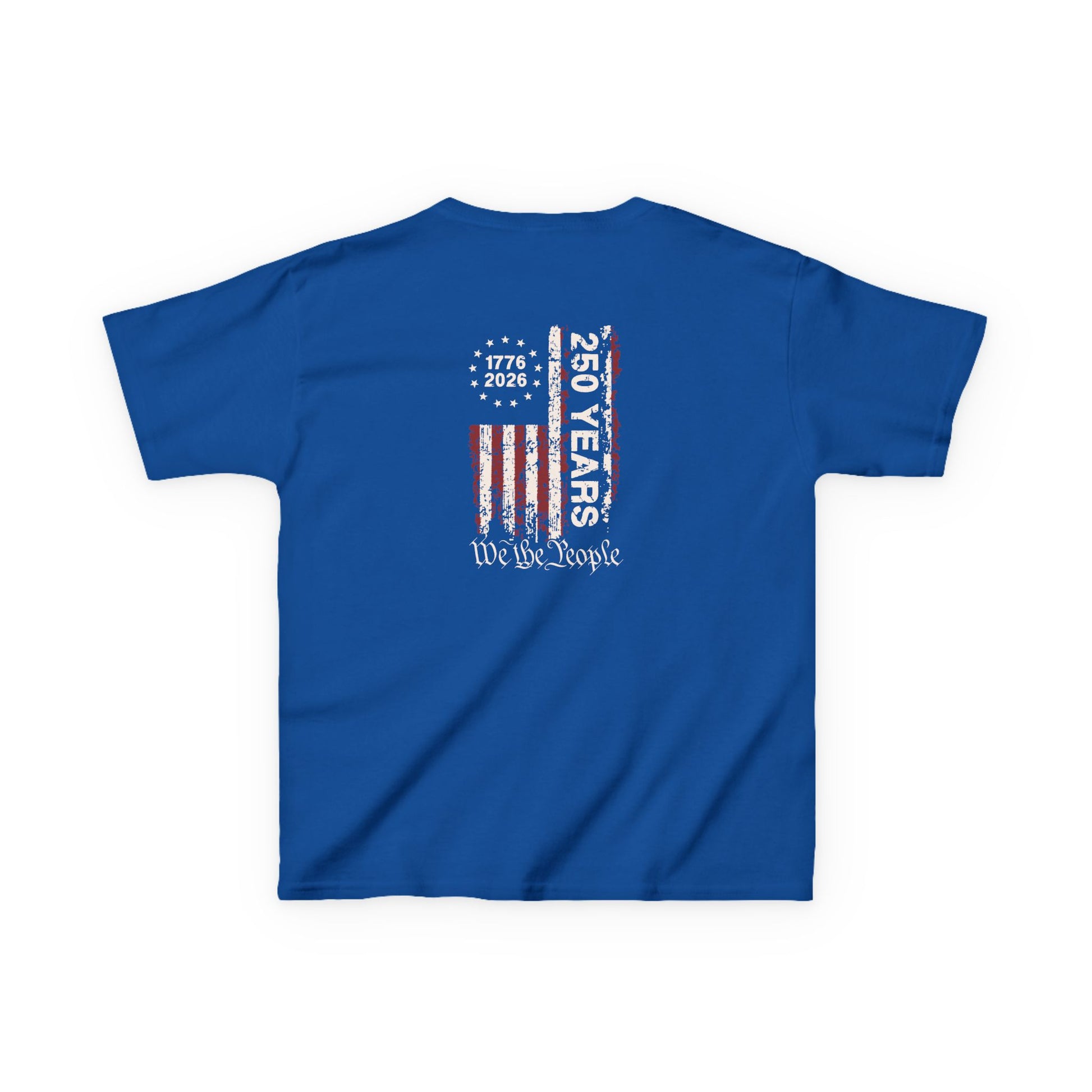 Blue t-shirt with American flag design and text on a white background