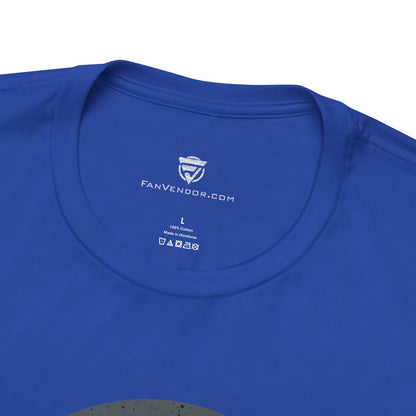 Close-up of a blue t-shirt with 'Fanvendor.com' logo and text on the collar.