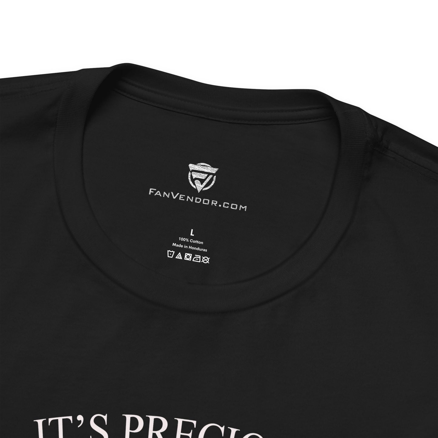 Black t-shirt with 'FanVendor.com' logo and text on the collar.