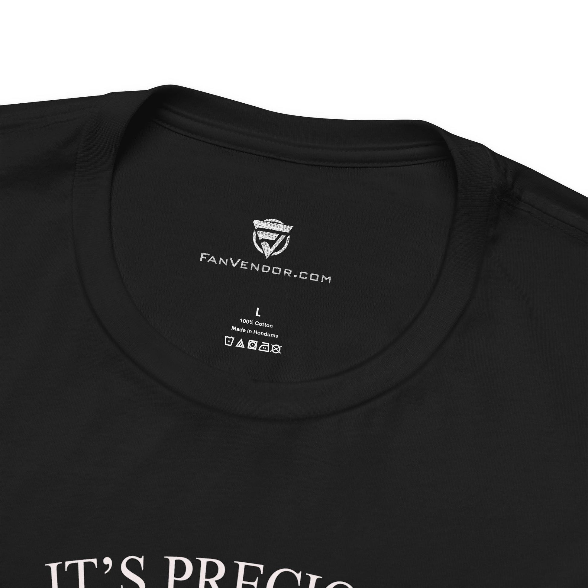 Black t-shirt with 'FanVendor.com' logo and text on the collar.