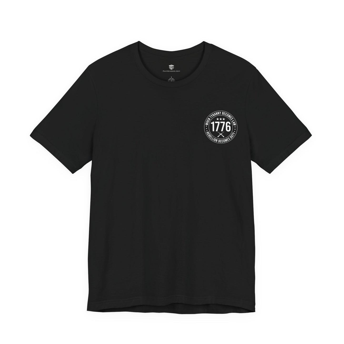 Black t-shirt with a white 1776 logo on a white background