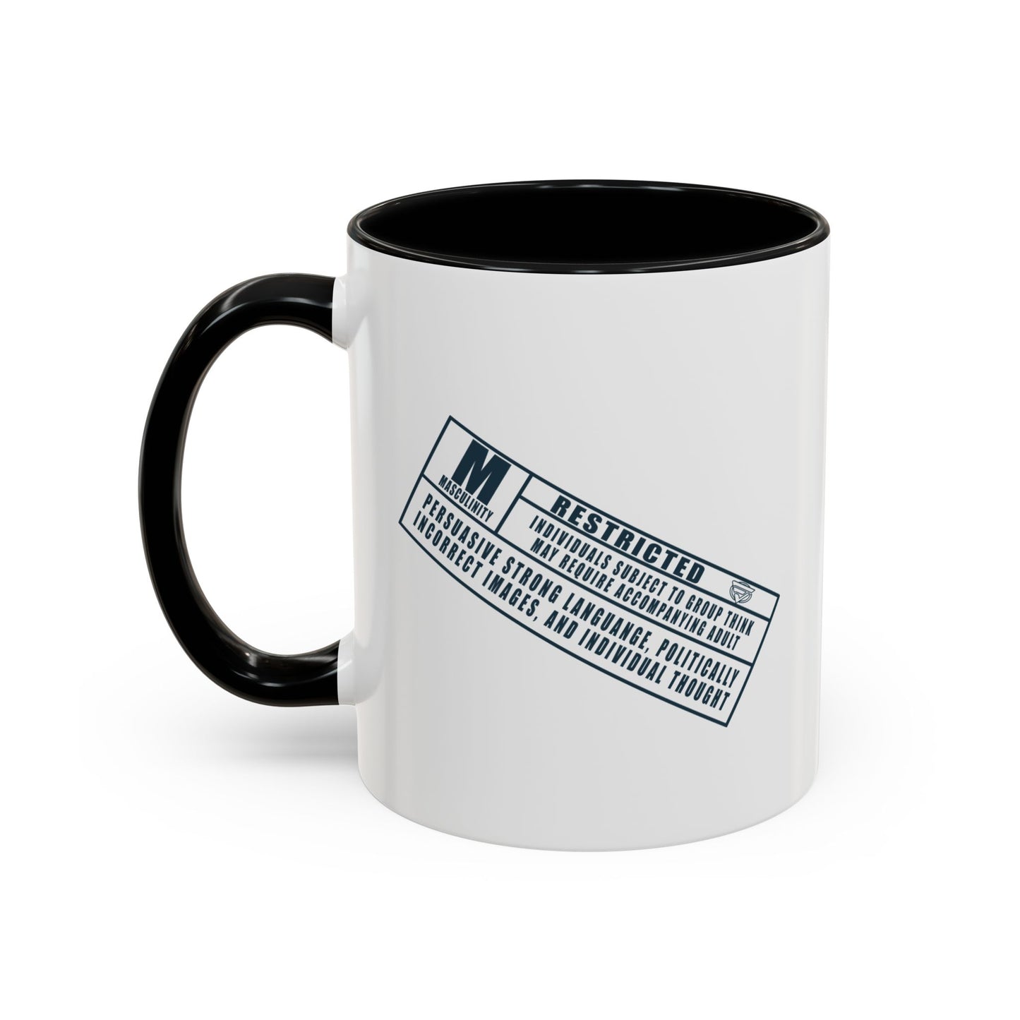 White mug with black interior and handle, featuring a label design on a white background