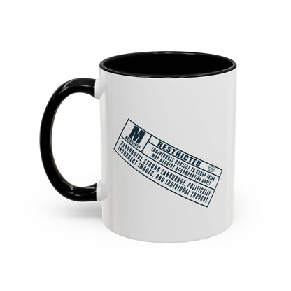 White mug with black interior and handle, featuring a label design on a white background