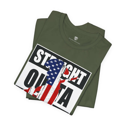 Green t-shirt with 'Straight Outta' graphic design on a white background