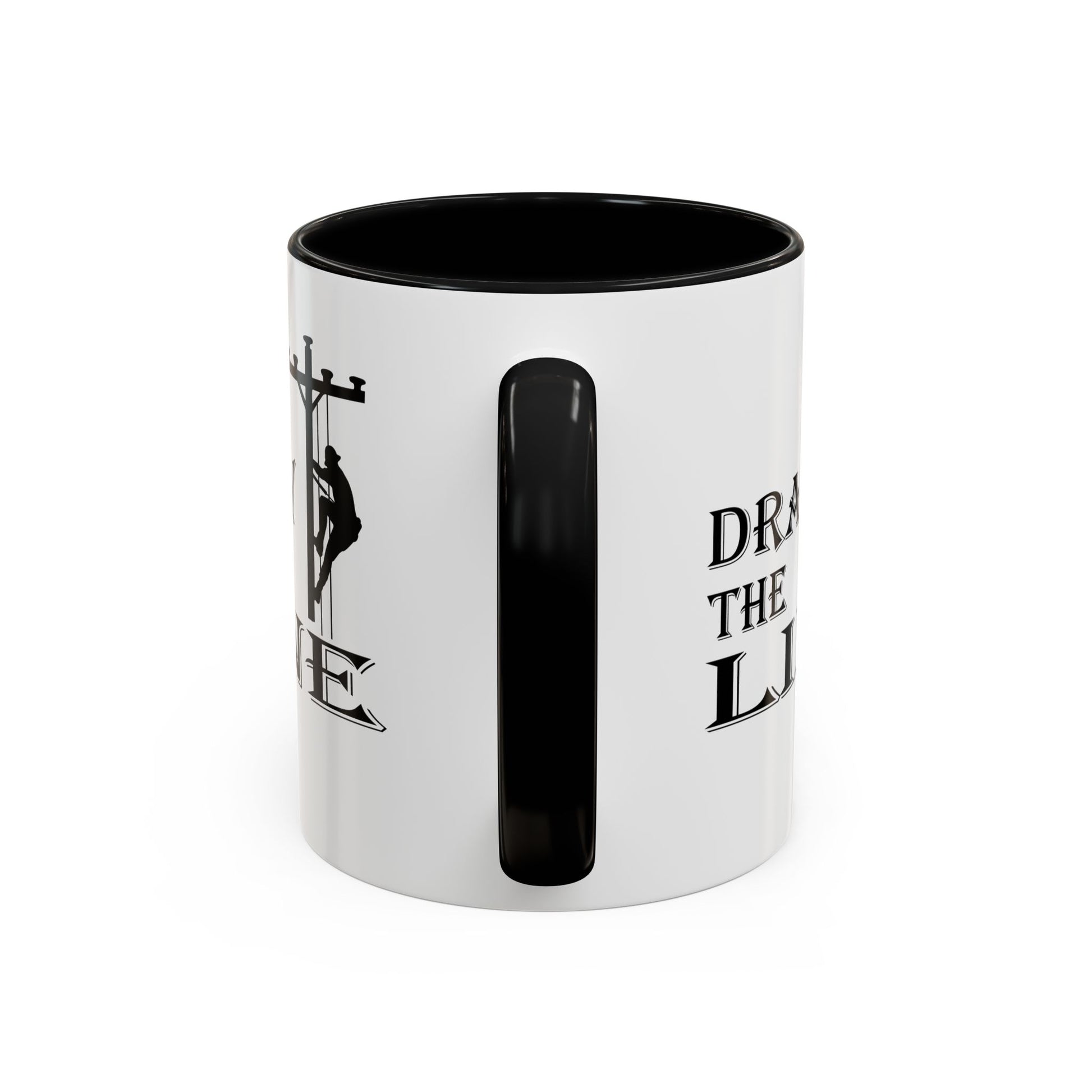 White mug with black interior and handle, featuring a silhouette and text on a white background