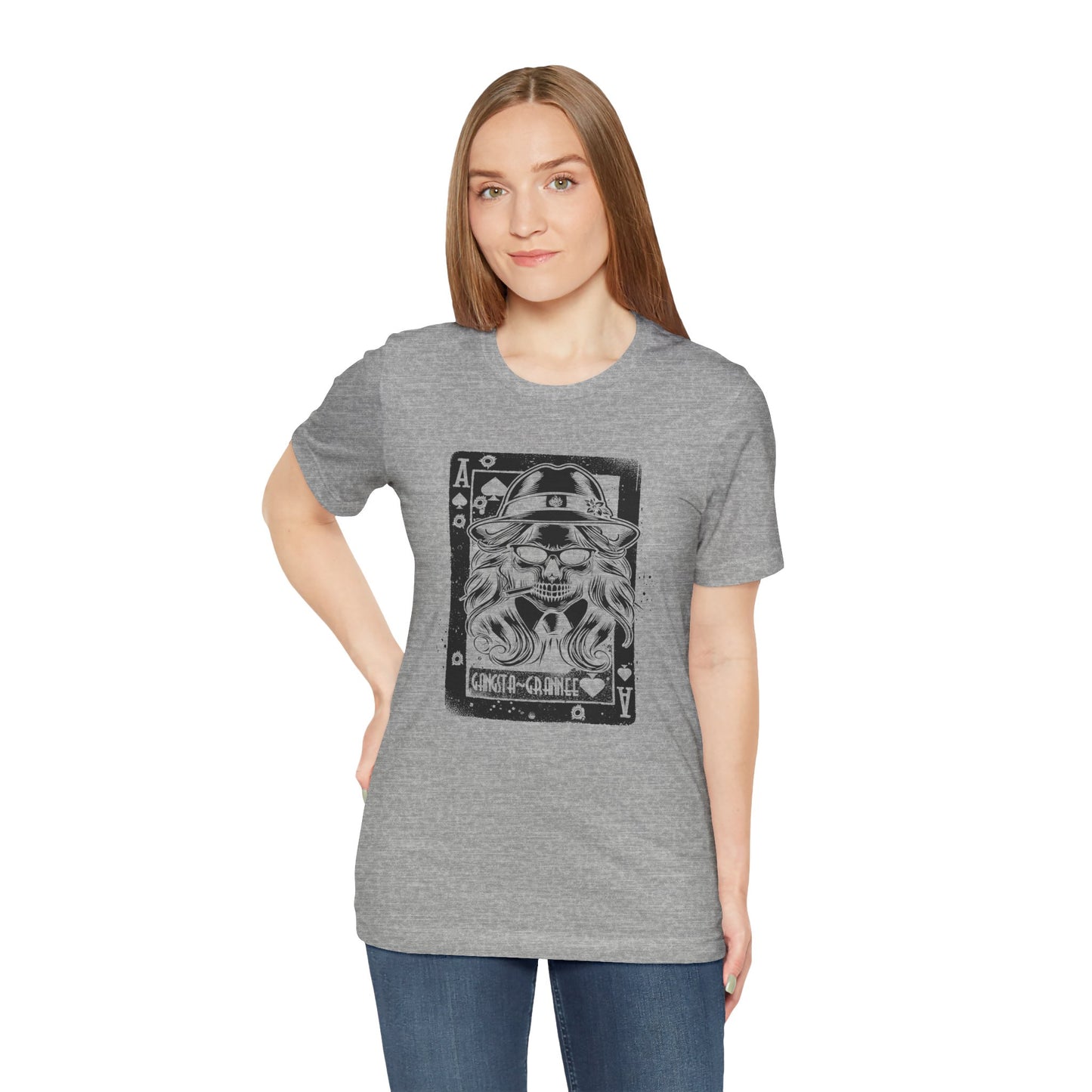 Woman wearing a gray t-shirt with a graphic design on a white background