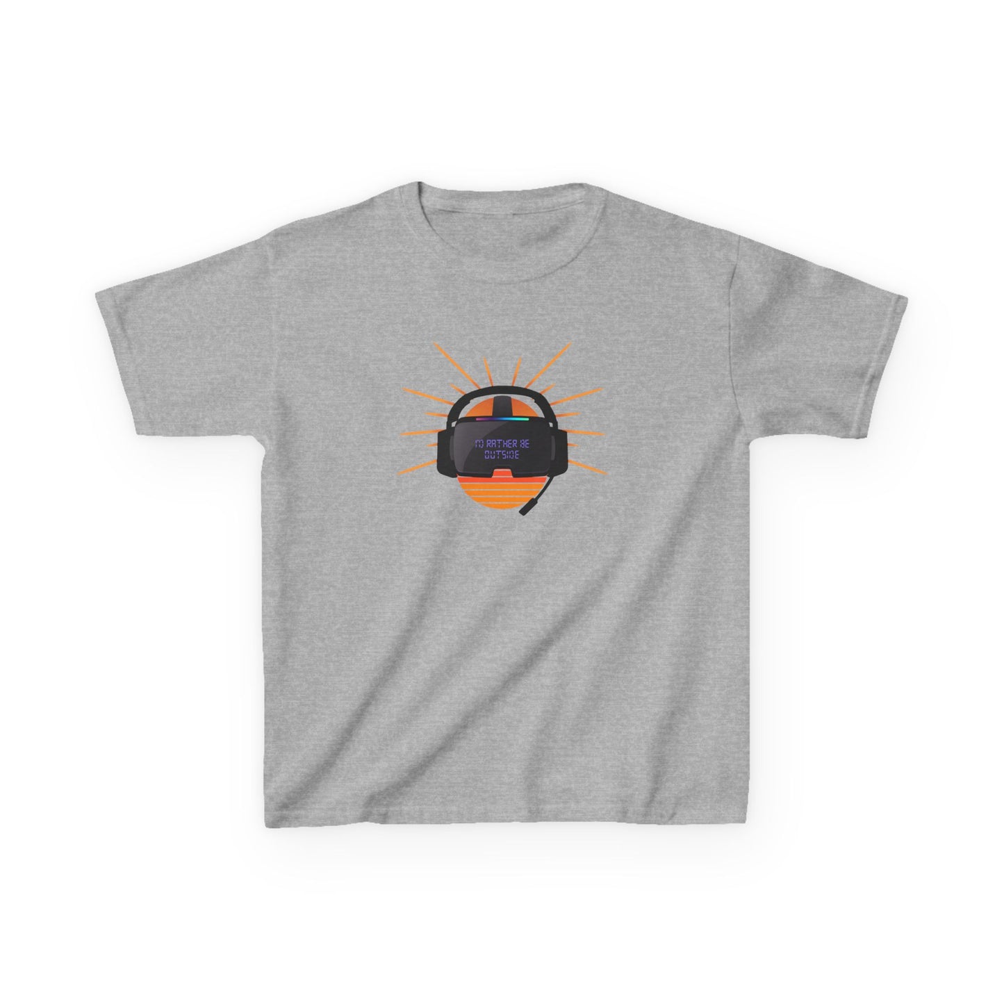 Gray t-shirt with a graphic of a headset and sun design on a white background