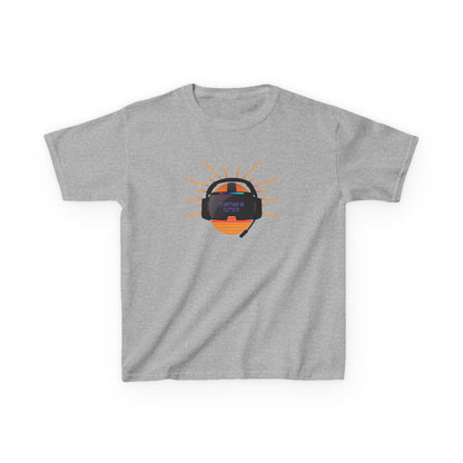 Gray t-shirt with a graphic of a headset and sun design on a white background