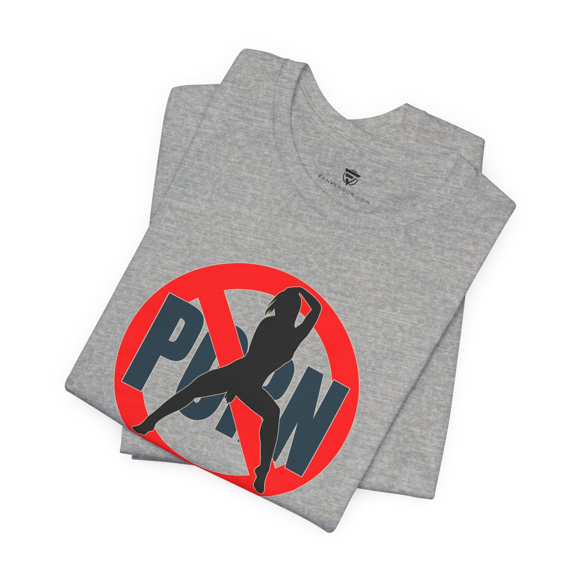 Gray t-shirt with a graphic design featuring a silhouette and 'PORN' text on a white background