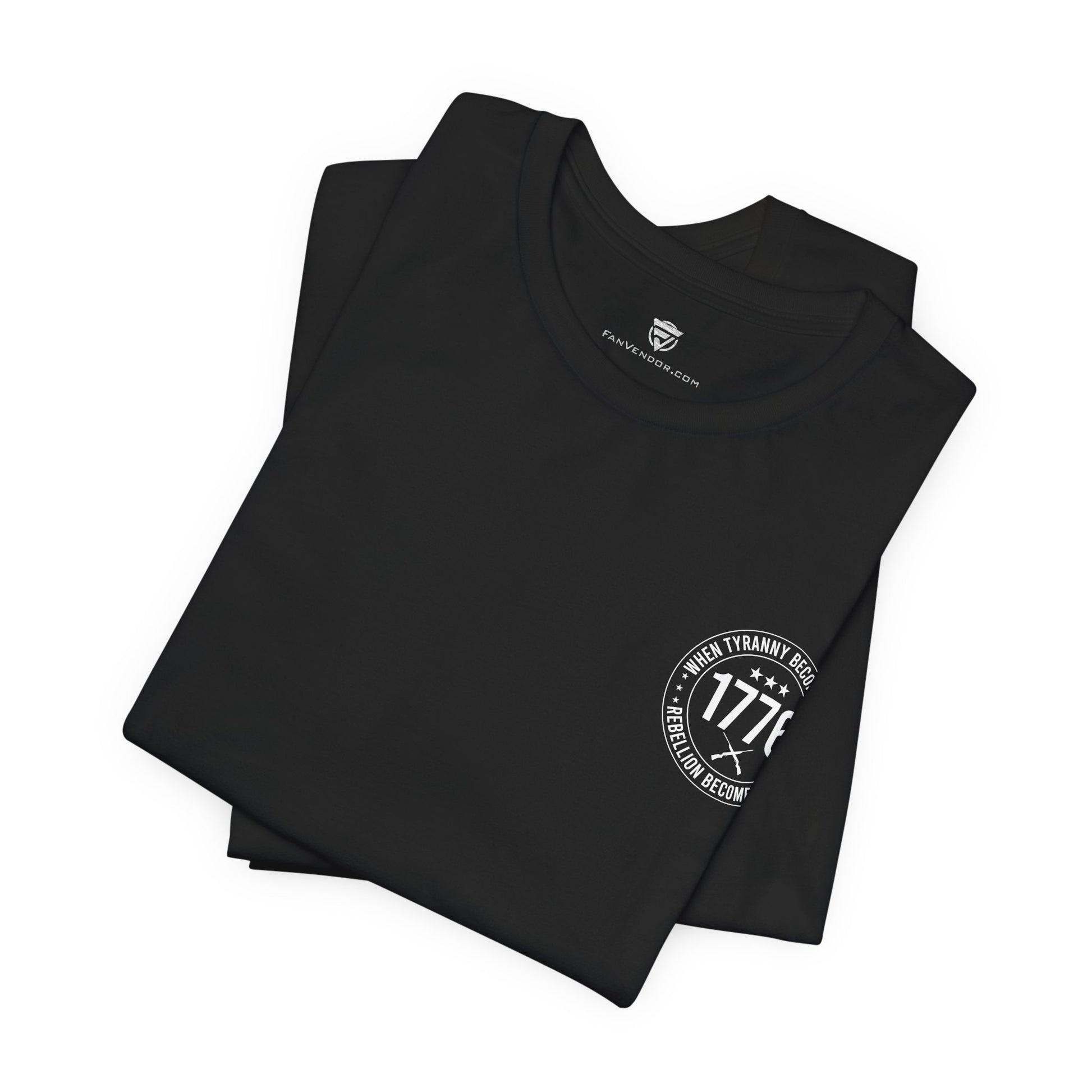 Black t-shirt with a 1776 design on a white background