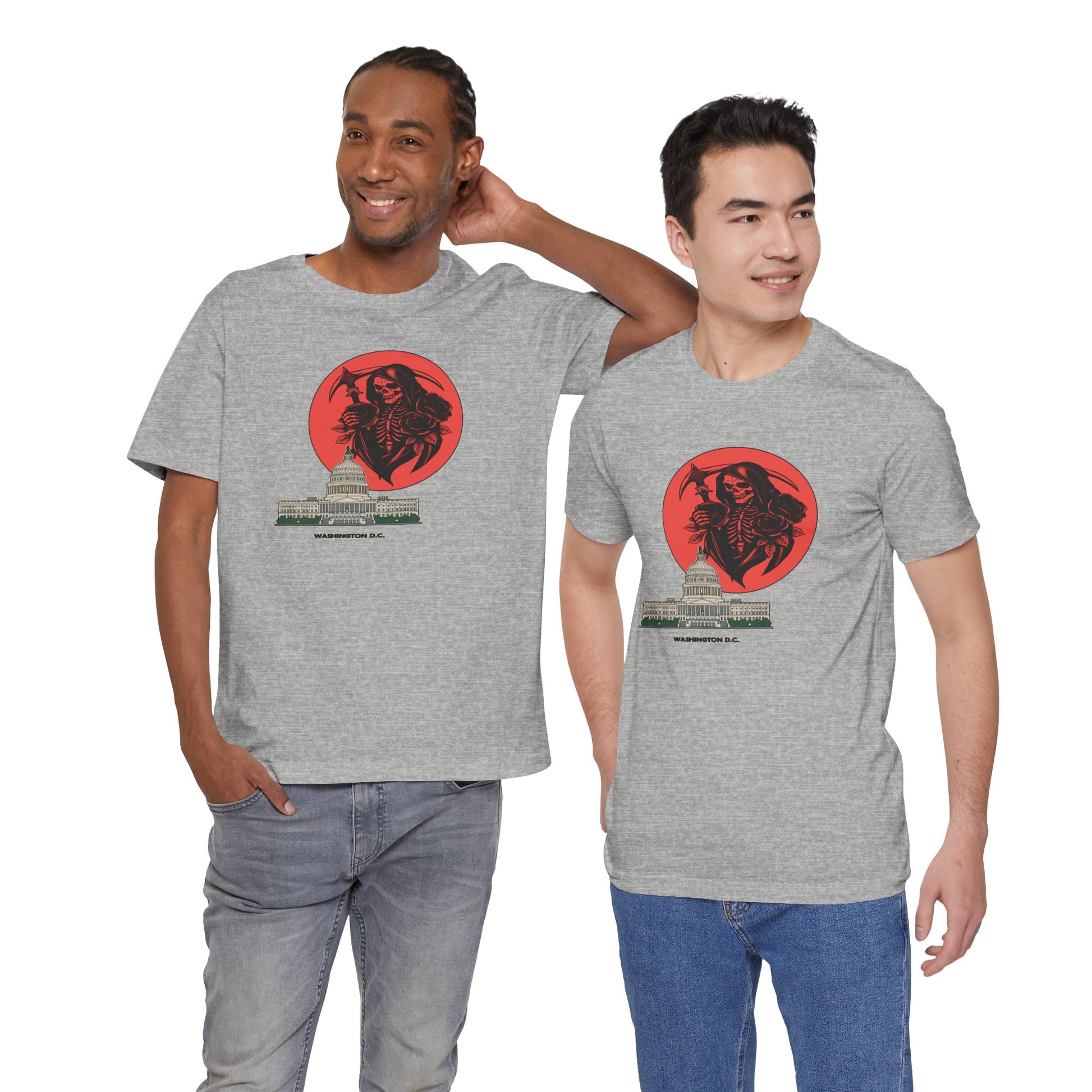 Two men wearing gray t-shirts with a red and black graphic design on a white background