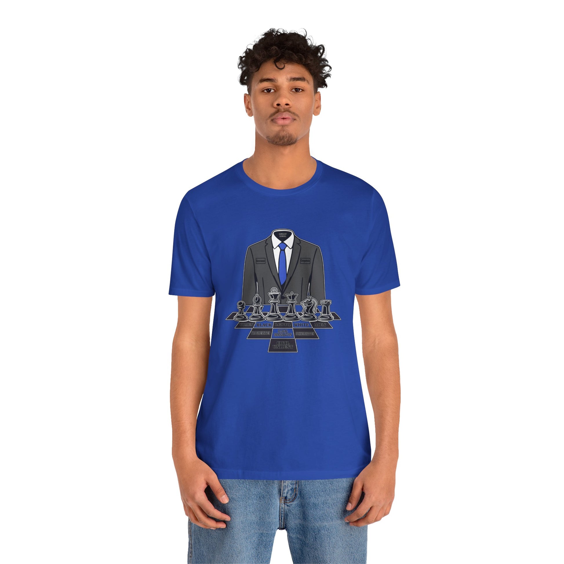 Person wearing a blue t-shirt with a graphic design on a white background