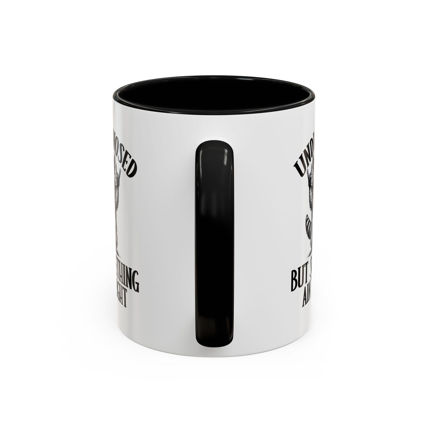 White mug with black interior and handle, featuring text on a white background