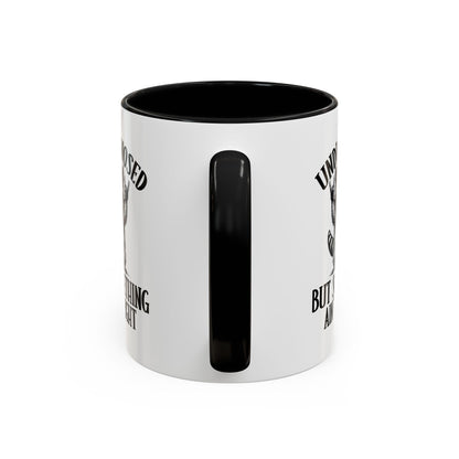 White mug with black interior and handle, featuring text on a white background