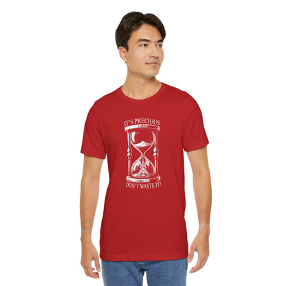 Man wearing a red t-shirt with text on a white background