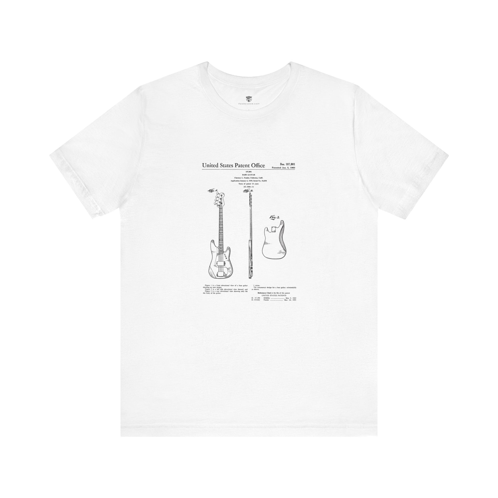 White t-shirt with black graphic design of a guitar on a white background