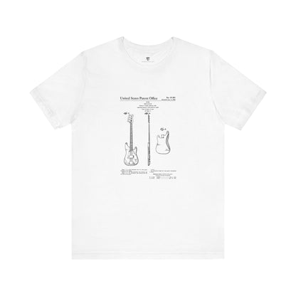 White t-shirt with black graphic design of a guitar on a white background
