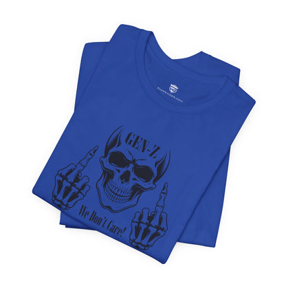 Blue t-shirt with skull and middle finger design on a white background