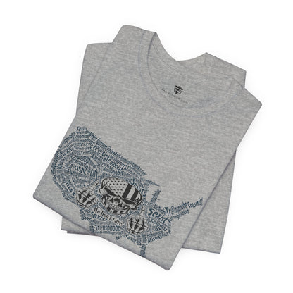 Gray t-shirt with graphic design and text on a white background