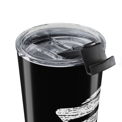 Black tumbler with a clear lid and black handle on a white background