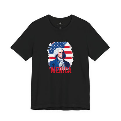 Black t-shirt with a graphic of a historical figure and 'Merica text on an American flag background.