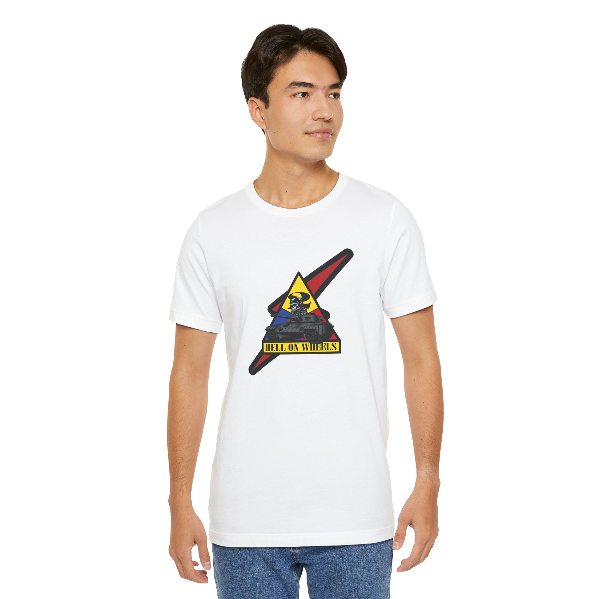 Man wearing a white t-shirt with a graphic design on a white background